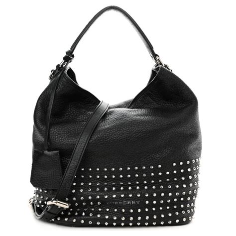 BURBERRY Calfskin Studded Medium Susanna Hobo Black